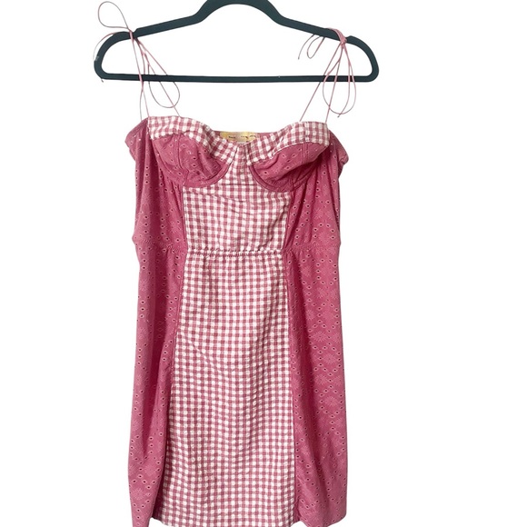 Urban Outfitters Dresses & Skirts - Urban Outfitters Pink Gingham‎ Eyelet Sides Shoulder Tie Mini Dress Size Large